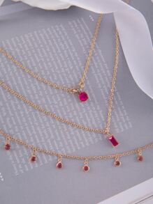 imoli 2 件/套女士合金水钻流苏链项链和多层几何水滴吊坠项链，非常适合派对（注意：手工制作的项链有不对称的水钻珠，其数量可能因尺寸而异） - 玫紅色 - 查看 5