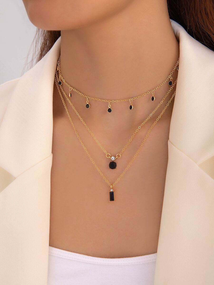 imoli 2 cái/bộ Đá hợp kim Tua Vòng cổ dây  , Nhiều lớp Mặt dây chuyền hình học Dây chuyền Đối với Của phụ nữ Quà tặng tiệc ( Thủ công Chuỗi Với Số Của Kim cương giả Đến Kích thước khác nhau )