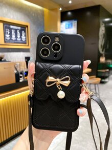 菱形斜挎零钱包，适用于 Apple 16/16E/16 Pro Max 手机壳，女式防震软手机壳保护套 - 黑色 - 查看 1