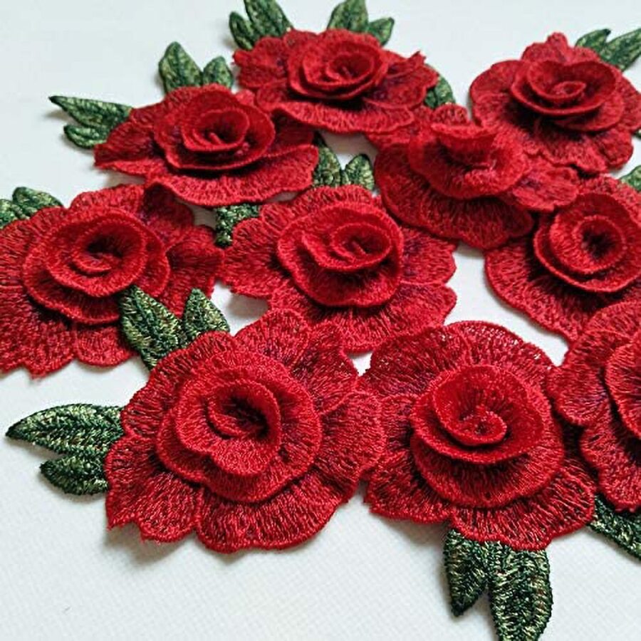 5pcs Water Soluble Embroidery Rose Patch With Three-dimensional Effect, Embroidered Applique Sticker - Red - View 1