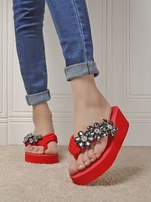 女士休閒時尚高跟鞋,帶有鑽石磚裝飾和閃亮拖鞋 - 紅色 - 查看 1
