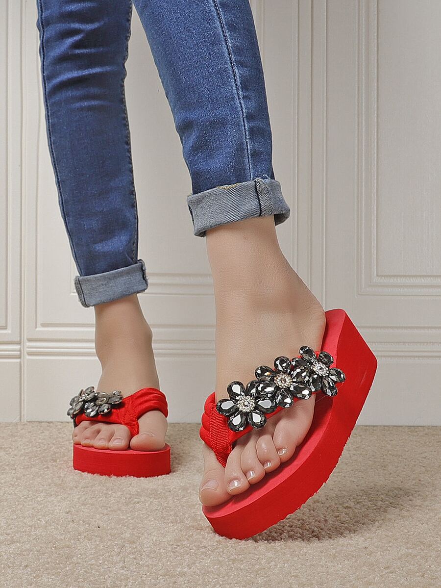 女士休閒時尚高跟鞋,帶有鑽石磚裝飾和閃亮拖鞋 - 紅色 - 查看 1