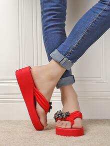 女士休閒時尚高跟鞋,帶有鑽石磚裝飾和閃亮拖鞋 - 紅色 - 查看 2