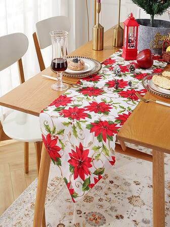 1入紅色聖誕節花卉桌旗,現代簡約的節日派對桌面裝飾