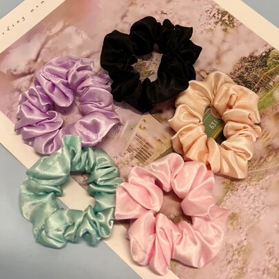 5入組雪紡&緞面材料彈性髮帶適合女士,復古素色髮飾