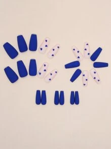 Add Elegance To Your Look With 24pcs/Box Matte Blue Heart Shaped Coffin Style Wearable False Nails, Including 1pc Nail File And 1pc Jelly Glue Press On Nails Nail Supplies - Multicolor - View 2