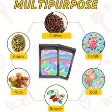 100入組具有透明視窗全息防臭包裝袋,可重新密封、鎖定、拉鍊密封的袋子,可作為樣品、食品、珠寶、糖果等用品之用途