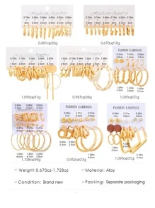 5pcs Geometric Design Pearl Inlayed Gold-tone Earrings Set For Women, Including Hoop & Stud Styles - Gold - View 2