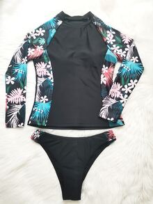 Women's Two-Piece Swimwear, Black Floral Long Sleeve Tankini, Split Swimwear, Sporty Surfing Suit
