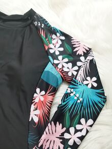 Women's Two-Piece Swimwear, Black Floral Long Sleeve Tankini, Split Swimwear, Sporty Surfing Suit