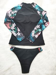 Women's Two-Piece Swimwear, Black Floral Long Sleeve Tankini, Split Swimwear, Sporty Surfing Suit