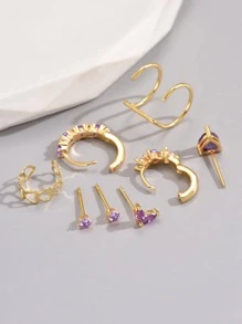 8pcs/Set Fashionable Elegant Rose Red Heart & Cubic Zirconia Decor Earring Set For Women, Suitable For Daily Wear, Party, Festival Valentines,Mom,Mother,Mother's Day,Gift