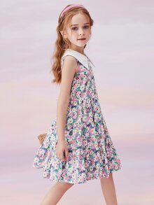 女孩滿版印花彼得潘領荷葉邊連衣裙 - 彩色 - 查看 8
