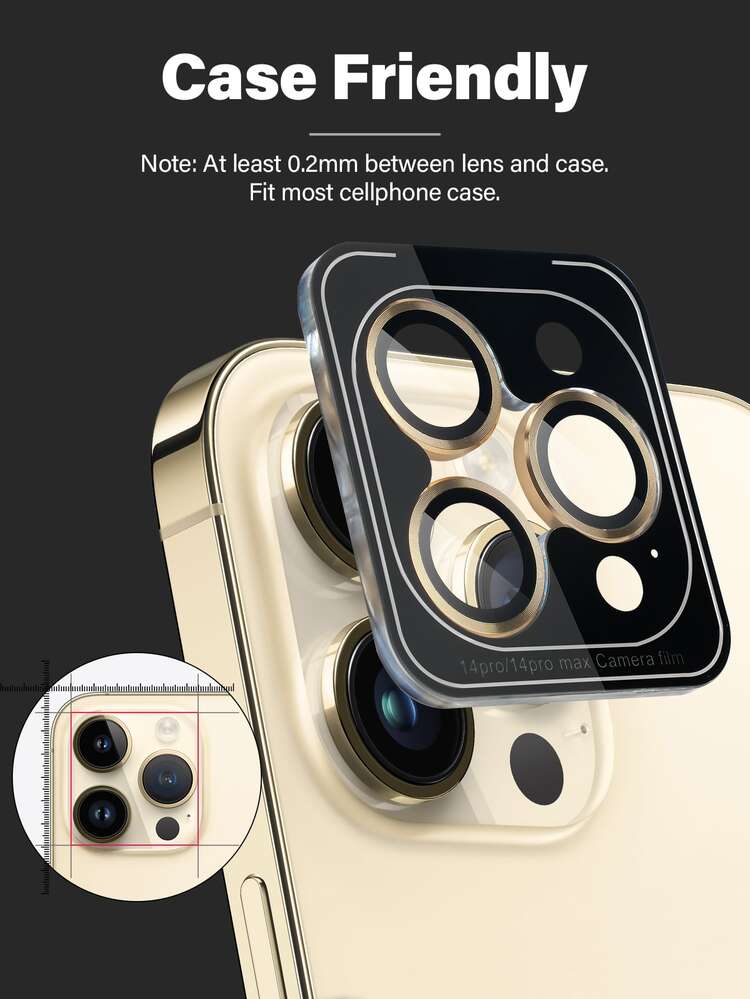 1-Pack Full Cover Lens Glass Compatible With iPhone 14 Pro Max Metal Camera Protector Cover Compatible With iPhone 13 Pro Max 13 Mini 14 Plus 14pro max Glass Automatic Positioning Easy Fit - Gold - View 3