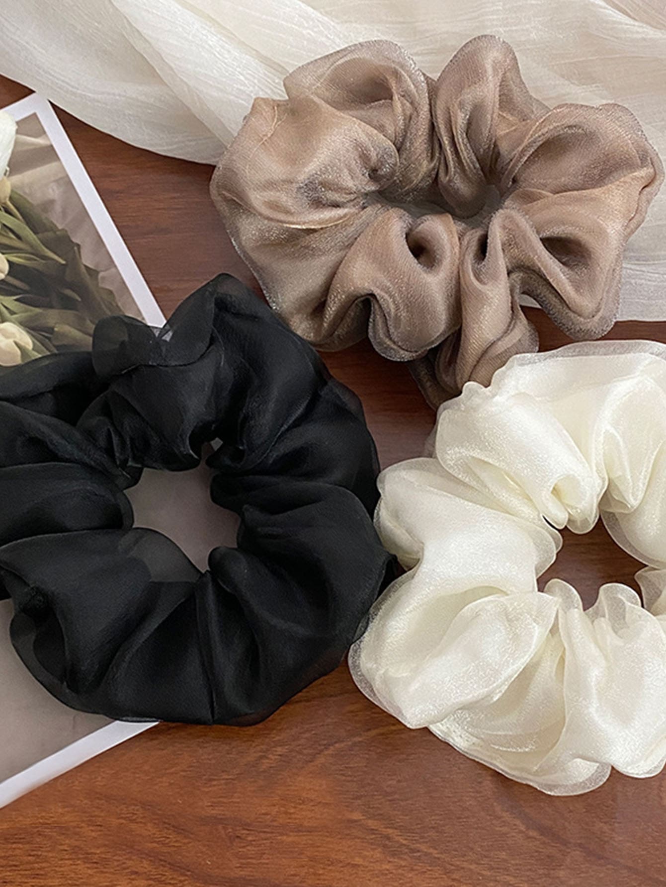 Bộ 3 chiếc dây buộc tóc hoa, dây buộc tóc cỡ lớn, dây buộc tóc đuôi ngựa dễ thương, quà tặng cho mùa tựu trường, phụ kiện tóc, dây chun buộc tóc.