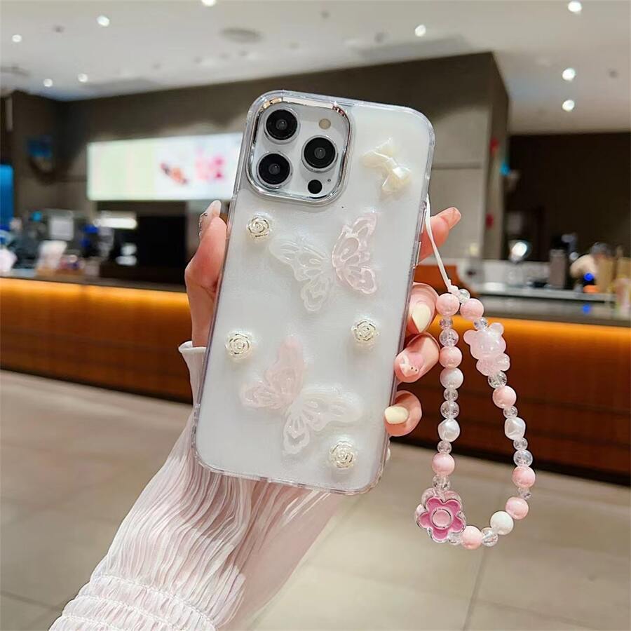 創意珍珠閃粉滴膠蝴蝶和掛帶裝飾手機殼,適用於 Iphone 14 Pro Max/13 Pro Max/12 Pro Max/11 Pro Max/14/13/12/11,防跌落 - 無色 - 查看 1