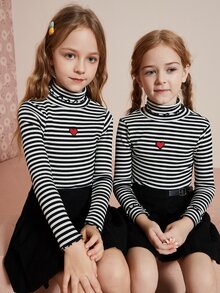Girls 1pc Striped Print Heart Embroidery Lettuce Trim Tee