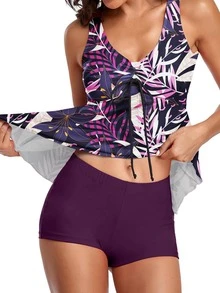 熱帶植物印花前扣束綁坦克泳裝套裝 - 彩色 - 查看 2