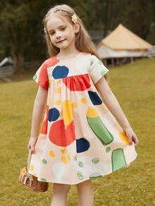 Vestido evasé con estampado gráfico de niña preadolescente - Multicolor - Ver 6