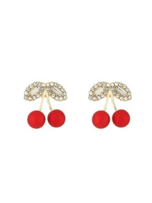 Aretes De Estudio Con Decoración De Cereza Roja Y Estrás, Joyería De Oreja Con Forma De Frutas De Moda - Dorado - Ver 2