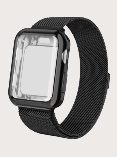 1pc Mesh Band & Protective Screen Case Integrated Black Suit Compatible With Apple Watch Series Se/9/8/7/6/5/4, Compatible With Apple Watch Series 40mm 41mm 44mm 45mm