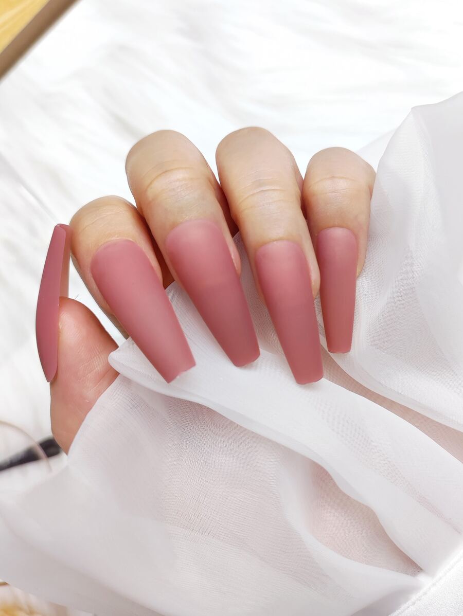 24 Piezas Uñas Largas De Un Solo Color Con Acabado Brillante, Mate Y Helado, Adecuado Para Uso Diario Y Estilo Callejero - Rosa coral - Ver 1