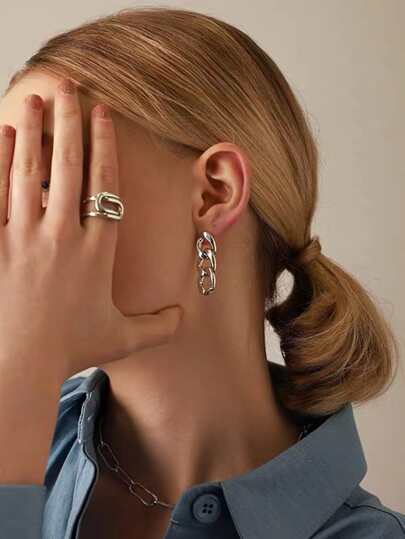 2pcs  Stainless Steel Chain Link Tassel Earrings Suit For Men & Women Daily Wear