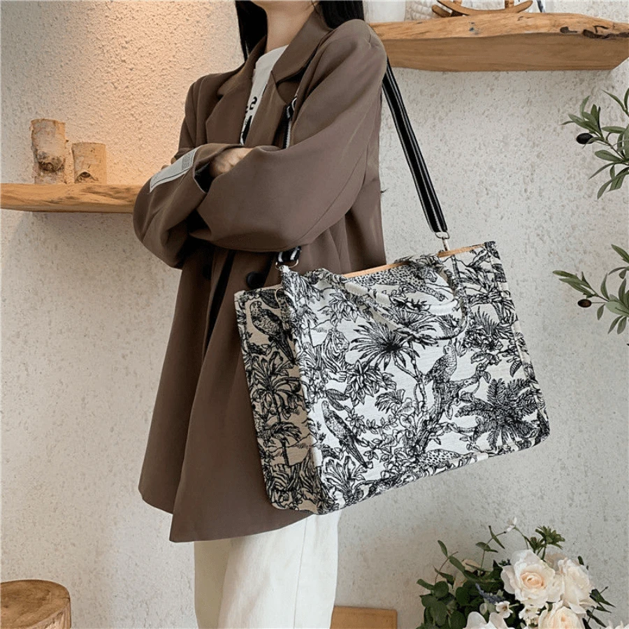 2024年夏季新款時尚女士肩袋，復古花卉圖案刺繡，大容量帆布手提包，可容納筆記本電腦 - 黑與白 - 查看 1