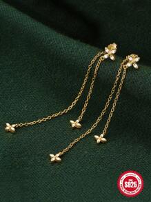 1 Pair 925 Sterling Silver Flower Double Long Chain Tassel Earrings Daily Matching Stud Earrings For Women Jewelry Holiday Valentines - Yellow Gold - View 3