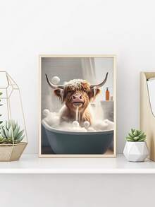 1張可愛的高地牛沐浴畫布印刷,沐浴海報裝飾,浴室牆壁藝術,高地牛畫布油畫,浴室臥室裝飾,禮物好主意,不含相框 - 棕色 - 查看 4
