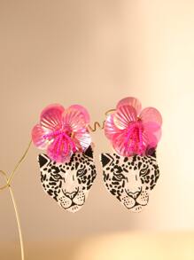 可愛的誇張美洲豹造型耳環,適合作為女性禮物,黑白配色仿貝殼效果,材質為亞克力 - 動物豹頭搭配亮粉色亮片花朵 - 查看 4