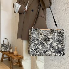 2024年夏季新款時尚女士肩袋，復古花卉圖案刺繡，大容量帆布手提包，可容納筆記本電腦 - 黑與白 - 查看 3