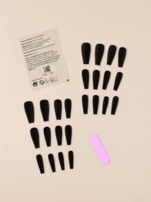 24入組長棺材形狀黑色絨面霧面美甲貼+1件果凍膠水+1塊文件條 - 彩色 - 查看 2