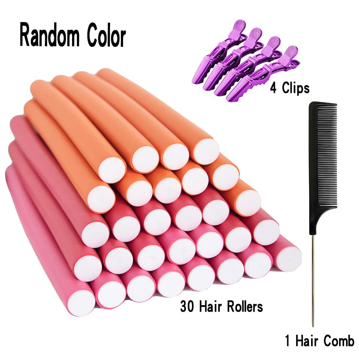 30pcs Flexi Hair Rollers With 1 Comb and 4 Clips, Soft Foam Heatless Hair Rods for Long Hair - Multicolor - View 1