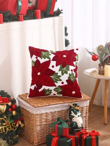 1 Peça Capa De Almofada De Arremesso Embroidado Com Flores De Natal Em Canvas - Multicolorido - Ver 4