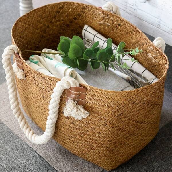 1pc Handmade Woven Seagrass Basket, Large Storage Basket With Handle, Laundry Toy Organizer Basket, Rustic Home Decor, Gift For Valentine's Day For Vocation For Travel Storage Bag,Makeup Bag,Cosmetic Bag,Vacation Organizer,Large Capacity Makeup Organizer Makeup Case, For Lipstick, Brush, Skincare, Mobile Phone, Coin, Small Items, For Home,Gift,Vacation And Festival Halloween Christmas Multifunctional Use,Boho Vibes