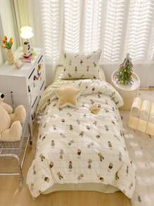 Conjunto De Ropa De Cama De Osito De Dibujo Animado Simple Y De Moda, 4 Piezas - Beis - Ver 2