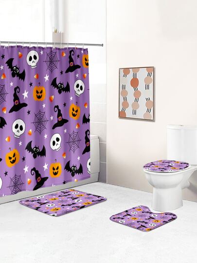 1入組萬聖節風格滌綸防水絕熱家庭裝飾浴簾或者浴室墊防滑4入組套裝