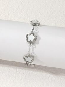 1pc Lady's Fashionable Clover Shaped Bracelet With White Cubic Zirconia, Elegant And High-End (No Packaging Box) Valentines,Mom,Mother,Mother's Day,Gift - Silver - View 2