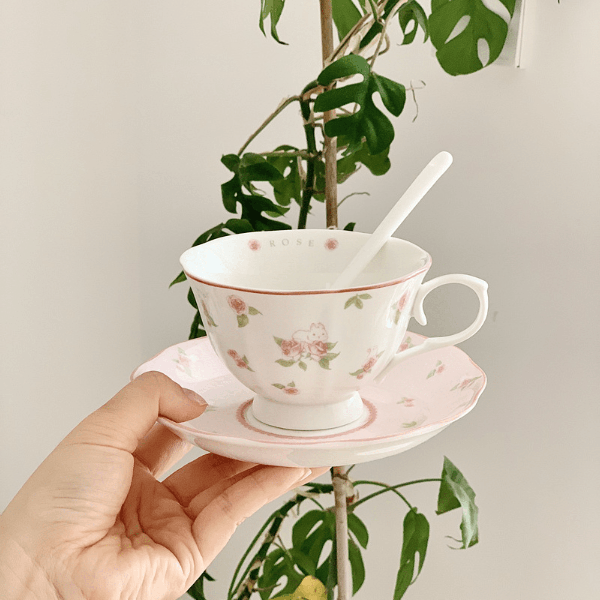 French Pink Vintage Coffee Cup & Saucer Set, Korean Ceramic Teacup And