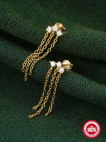 1 đôi 925 sterling bạc Ba Tua Dài Bông tai stud Khối Zirconia  Dangles Hoa tai Đối với phụ nữ Thời trang Tốt Hoa tai Đồ trang sức - Vàng - Xem 6