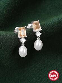 1 對 925 純銀奢華珍珠香檳氧化鋯耳釘女結婚禮物銀色 18k 鍍金耳釘首飾