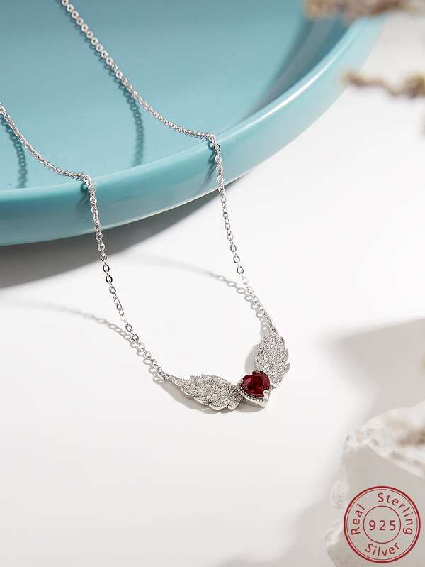Cici Color 1pc Silver S925 Inlaid Red Fashionable Heart & Wing Decoration Cubic Zirconia Pendant Necklace, Suitable For Women's Daily, Dating, Traveling, Party Wearing, Comes With Gift Box Packaging