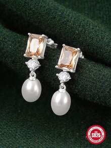 1 對 925 純銀奢華珍珠香檳氧化鋯耳釘女結婚禮物銀色 18k 鍍金耳釘首飾