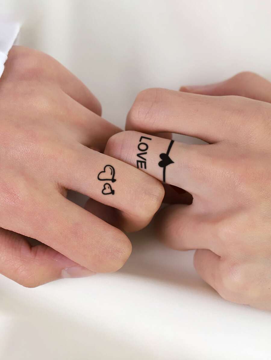 4pcs/set English Lettering Floral & Heart Shaped Temporary Tattoo Sticker For Finger, Wrist, Ear