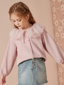 Tween Girl Contrast Mesh Ruffle Trim Button Front Tee