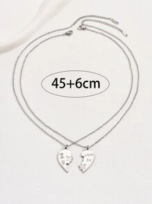 2 件装时尚潮流简约淑女风格姐妹爱心吊坠项链套装情侣礼物 - 銀色 - 查看 4