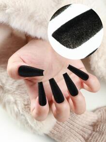 24入組長棺材形狀黑色絨面霧面美甲貼+1件果凍膠水+1塊文件條 - 彩色 - 查看 1