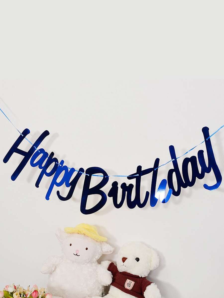 Gold Lettering Blue One-Piece Banner Saying Happy Birthday, - Blue - View 1