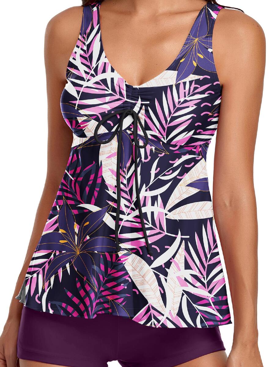 熱帶植物印花前扣束綁坦克泳裝套裝 - 彩色 - 查看 1